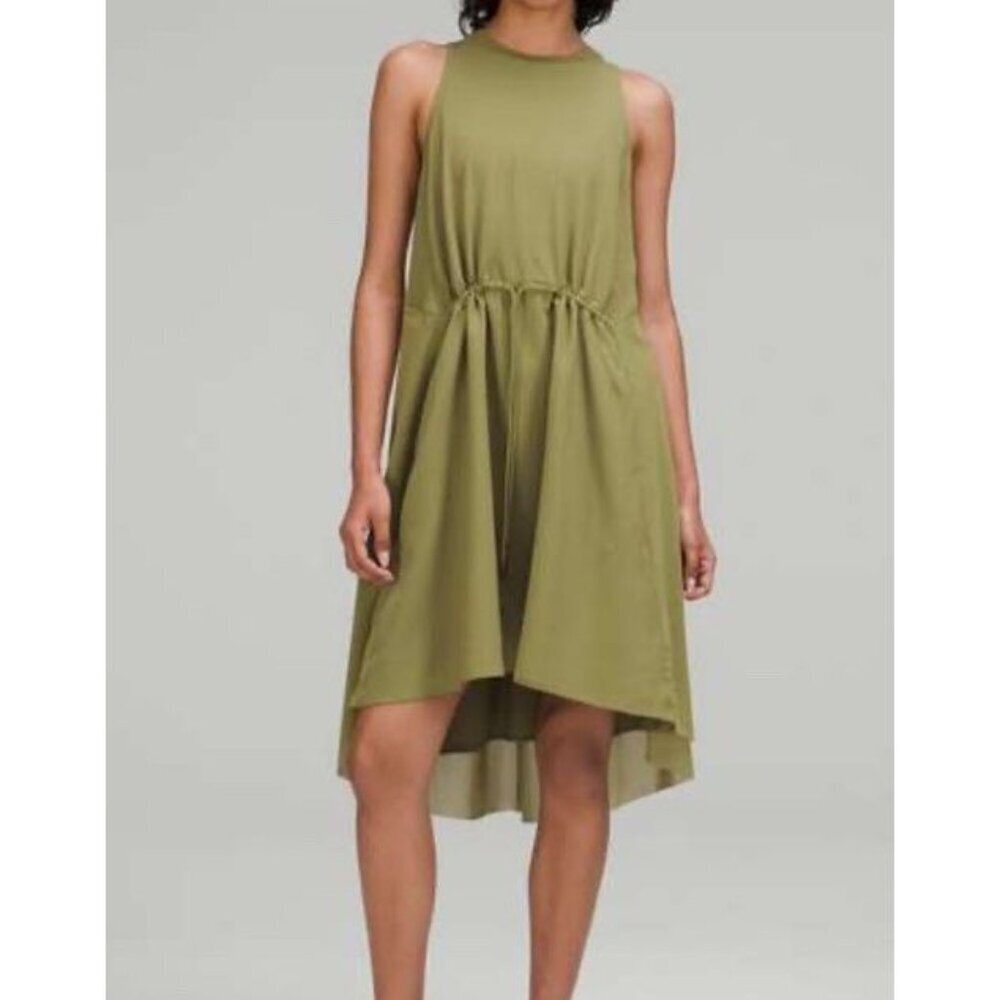 Lululemon Sz 6 Dress Green Mesh Overlay Hi Neck Cinch Waist Sleeveless Athletic